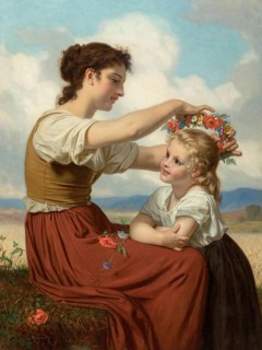 Hugues Merle (1822 to 1881), French painter: Couronne de fleurs des champs, Crown of field flowers,