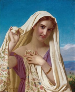 Hugues Merle (1822 - 1881), French painter: Young Girl In A Veil (1880), Half-length portrait of a
