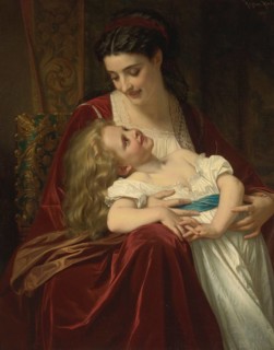 Hugues Merle (1822 to 1881), French painter: Maternal Affection (1867), tender scene between a