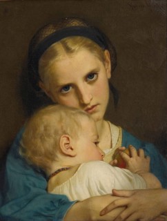 Hugues Merle (1822 to 1881), French painter: Affection, Maternal affection, a tender, loving scene