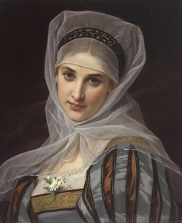 Hugues Merle (1822 to 1881), French painter: Marguerite (1878), a young woman in a medieval-style