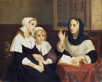 Hugues Merle (1822 to 1881), French painter: Reading the Bible (1859), domestic scene of woman