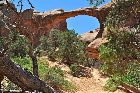 Double O Arch, a rock arch surrounded by vegetation in a dry desert landscape, Arches National