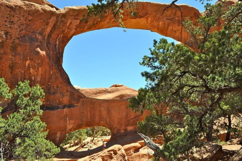 Double O Arch, a sprawling rock arch surrounded by green vegetation under clear skies, Arches