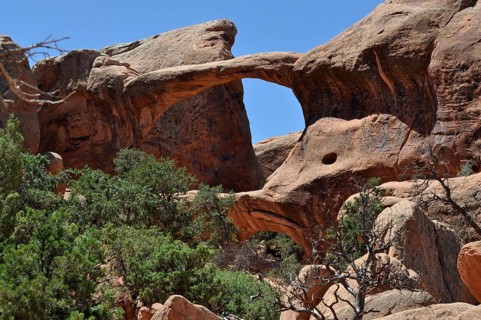 Impressive rock arch, called Double O Arch, with vegetation surrounded by rocky landscape, Arches