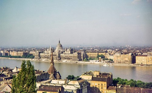 Cityscape view across Danube River from Buda to Pest, Hungarian Parliament Building, Budapest,