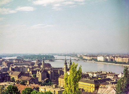 Cityscape over rooftops to River Danube, Budapest, Hungary, Europe 1967 view to Margaret Island and