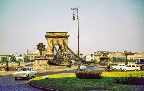 Cars near Széchenyi Chain Bridge, Budapest, Hungary, Europe 1967 - Ford Taunus P5, Trabant 601,