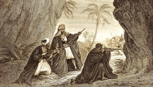 Torat Arabs, Arabia, guns, enmity, confrontation, shooting, oasis, plame, men, turban, clothing,