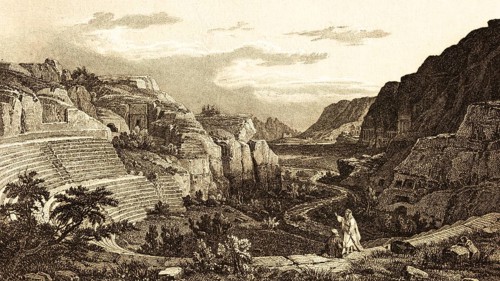 Petra Rock Theatre, Jordan, ancient architecture, mountain landscape, river, semicircle, steps,