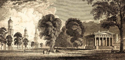 New Haven, state of Connecticut, USA, park, walkers, church towers, temple-like building, pillars,