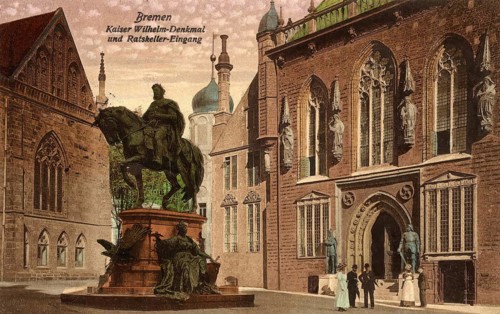 Historical postcard around 1900, Bremen, Kaiser Wilhelm Memorial and Ratskeller, Germany,