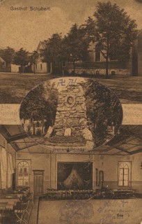 Bismarck monument and Gasthof Schubert in Briesen, Mark Brandenburg, Germany, reproduction of a