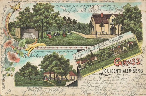 Historical postcard around 1900, greetings from Louisenthaler-Berg, various views around