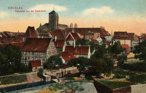 Historical postcard around 1900, Wroclaw, panorama of the Sand Island, today Wroclaw, Lower