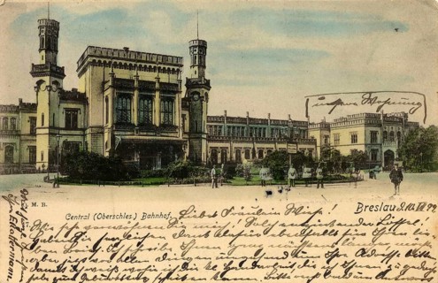 Historical postcard around 1900, central station of Wroclaw, today Wroclaw, Lower Silesia, Poland,