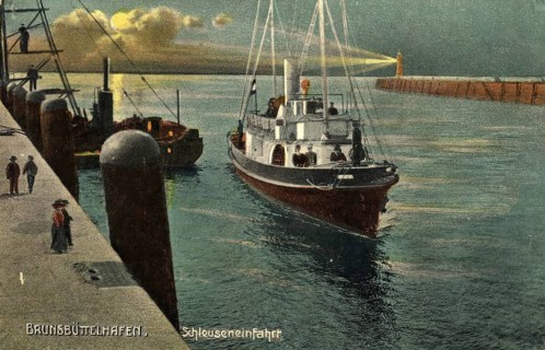 Historical postcard around 1900, Brunsbüttelhafen, Schleuseneinfahrt, Schleswig-Holstein, Germany,