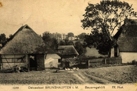 Historic postcard around 1900, Baltic resort Brunshaupten i.M, farmers' homestead, historic town on