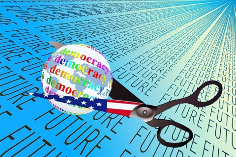 Symbolic image, future threatened, gap cuts democracy, Trump and Maga movement as a threat to USA