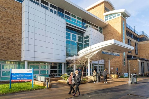 Main entrance of Royal Berkshire hospital building, Reading, Berkshire, England, UK