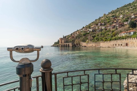 Alanya, Turkey. April 7th 2021 Beautiful view of Alanya peninsular and the old Shipyard and castle