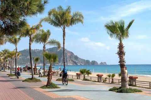 Alanya, Turkey. April 8th 2021 The palm tree lined sea cycle path Alanya peninsula on the Turkish