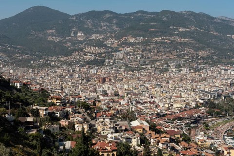 Alanya, Turkey. April 7th 2021 Aerial view of Alanya city set on the slopes the Taurus Mountains,