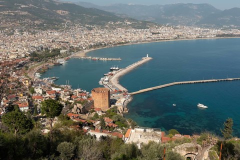 Alanya, Turkey. April 7th 2021 Landscape view of Alanya Harbour and the Red Tower with the Taurus