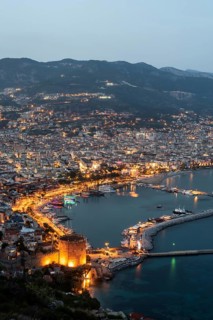 Alanya, Turkey. April 6th 2021 Beautiful portrait of Alanya Harbour and the Red Tower at night with