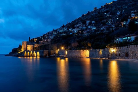 Alanya, Turkey. April 8th 2021 Beautiful view of Alanya peninsular and the old Shipyard and castle