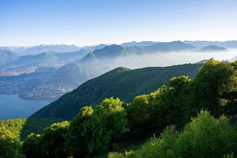 View of Lake Lugano and Lugano from Mount Sighignola, Balcone Svizzero, Tessin, Switzerland