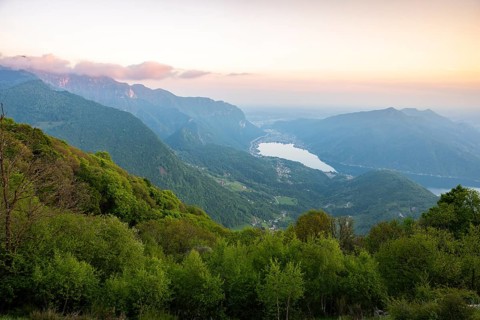 View of Lake Lugano from Mount Sighignola at sunset, Balcone Svizzero, Tessin, Switzerland