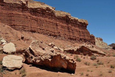 Stepped red rock structures showing natural geological formations, Capitol Reef National Park,