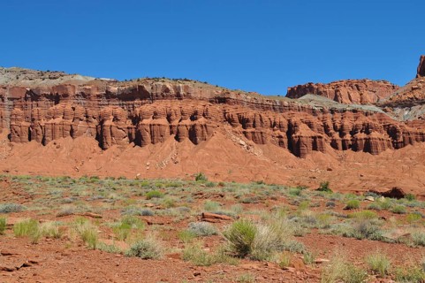 Red rock formation with low desert vegetation, Capitol Reef National Park, Utha, USA