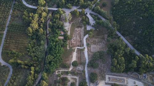 Olympic excavation site from high altitude, Temple of Zeus, Temple of Hera, Palestra Philippeion,