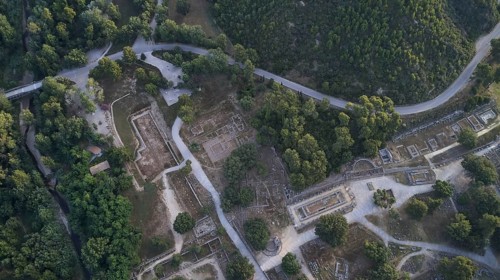 Olympic excavation site from high altitude, Temple of Zeus, Temple of Hera, Palestra Philippeion,