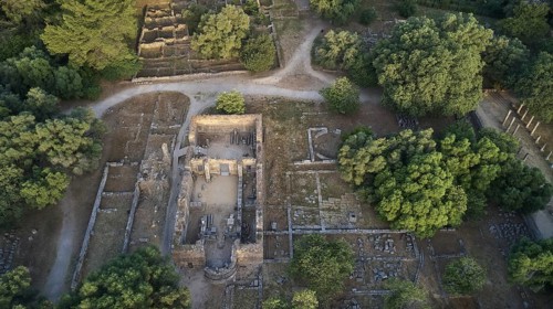 Workshop of Phidias and Early Christian Bailica, morning light, aerial view of an ancient ruined
