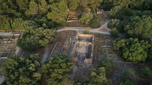 Workshop of Phidias and Early Christian Bailica, morning light, aerial view of ancient ruins in the