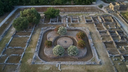 Soft morning light, central part of Leonidaion, aerial view of ancient foundations surrounded by