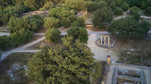 Soft morning light, Philippeion, part of the Temple of Hera, bird's eye view of ruins and trees,