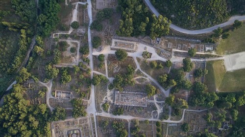 Olympic excavation site from high altitude, Temple of Zeus, Temple of Hera, Leonidaion, Palestra