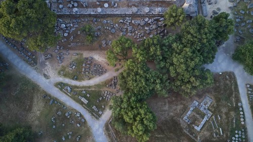 Temple of Zeus, Temple of Zeus, Old Stone Structures Scattered Between Trees and Small Paths, Drone