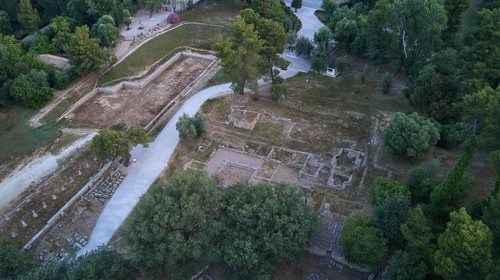 Ancient Gymnasium, North East Propylon, Prytaneion, aerial view of an archaeological site with