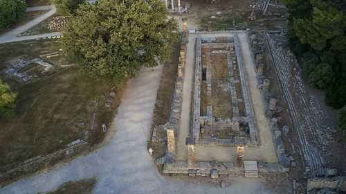 Hera Temple, Temple of Hera, aerial view of an ancient building and surrounding trails, drone view,