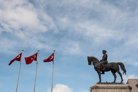 Ankara, Turkey. 25th November 2020 The Statue of Victory and Turkish flags, Ulus Square. The bronze