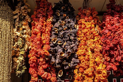 Colorful dried peppers for sale in a Turkish market
