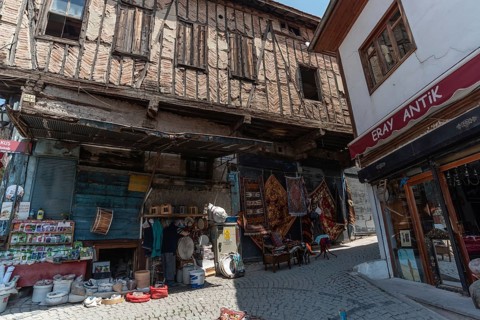 Ankara, Turkey. June 6th 2022 A street market stall selling Turkish rugs and traditional drums in