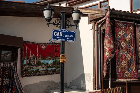 Ankara, Turkey. November 17th 2020 Traditional Turkish carpets for sale outside shops in Ankara