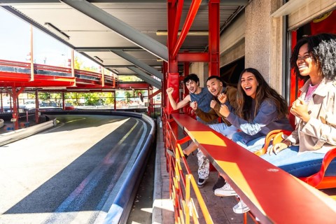 Diverse group of young friends is enthusiastically cheering and watching a go kart race from an