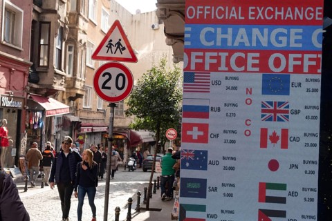 Istanbul, Turkey 7th January 2025. Currency exchange rates displayed outside a Bureau de Change